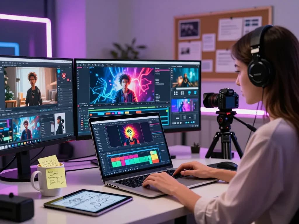 Engaging scene of mind control AI video creation, featuring a female creator using motion control software in a modern studio.