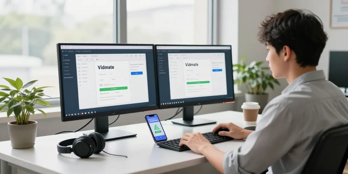 Vidmate APK download interface displayed on multiple monitors in a bright tech workspace.