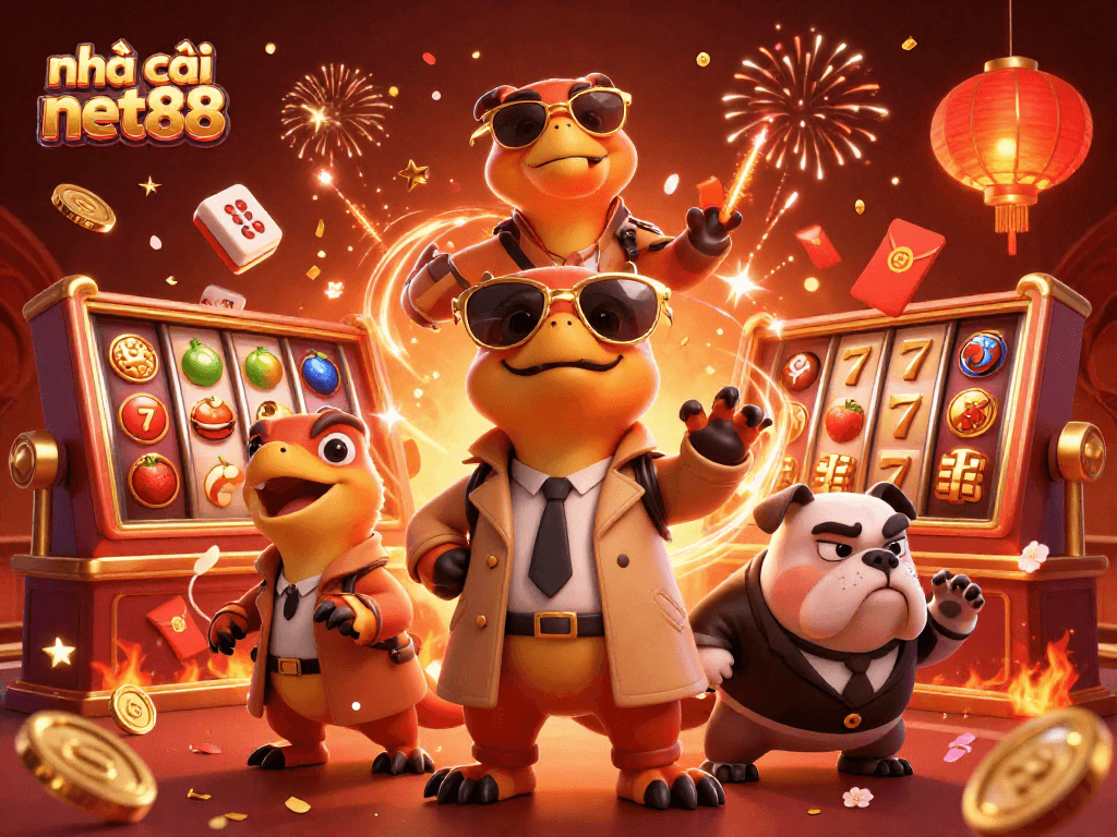 Experience casino thrills with nhà cái net88 in a vibrant 3D scene of raptors and gaming elements.