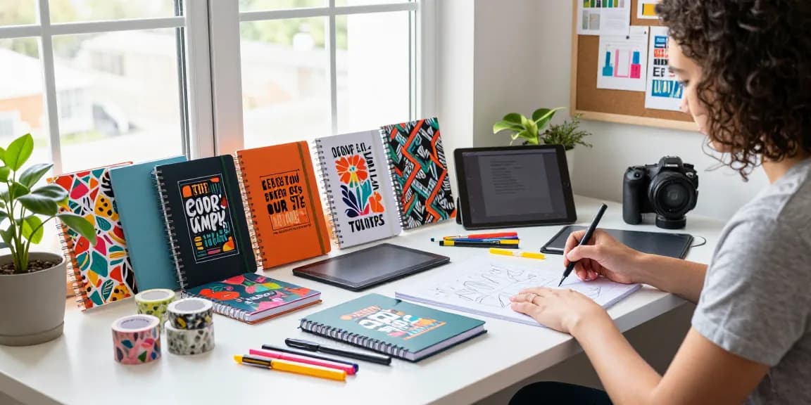 Custom printed notebooks displayed in a vibrant workspace with a designer personalizing covers, showcasing creativity