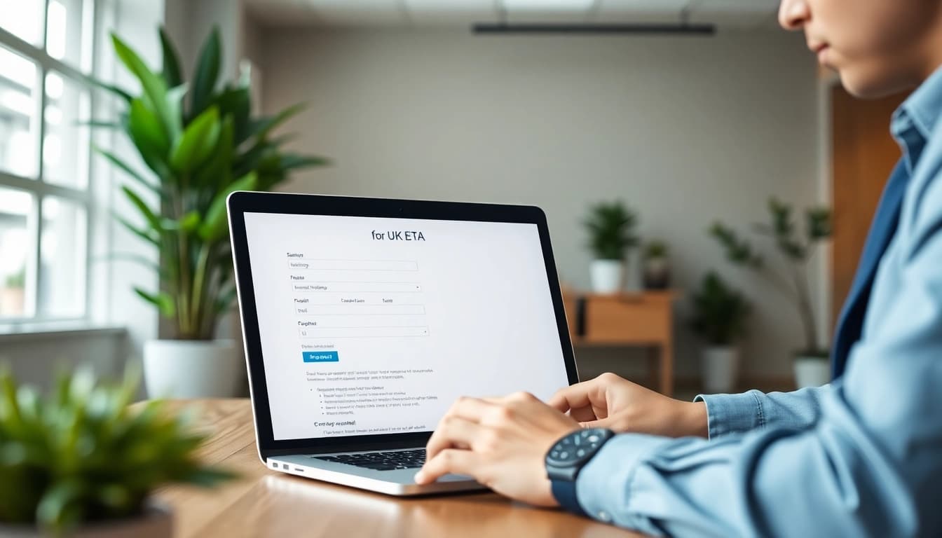 Complete your uk eta online application with a clean digital interface showing a user engaged at a laptop.