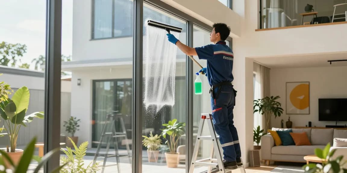 Window cleanliness demonstration illustrating glasreinigung preis with professional cleaner at work.