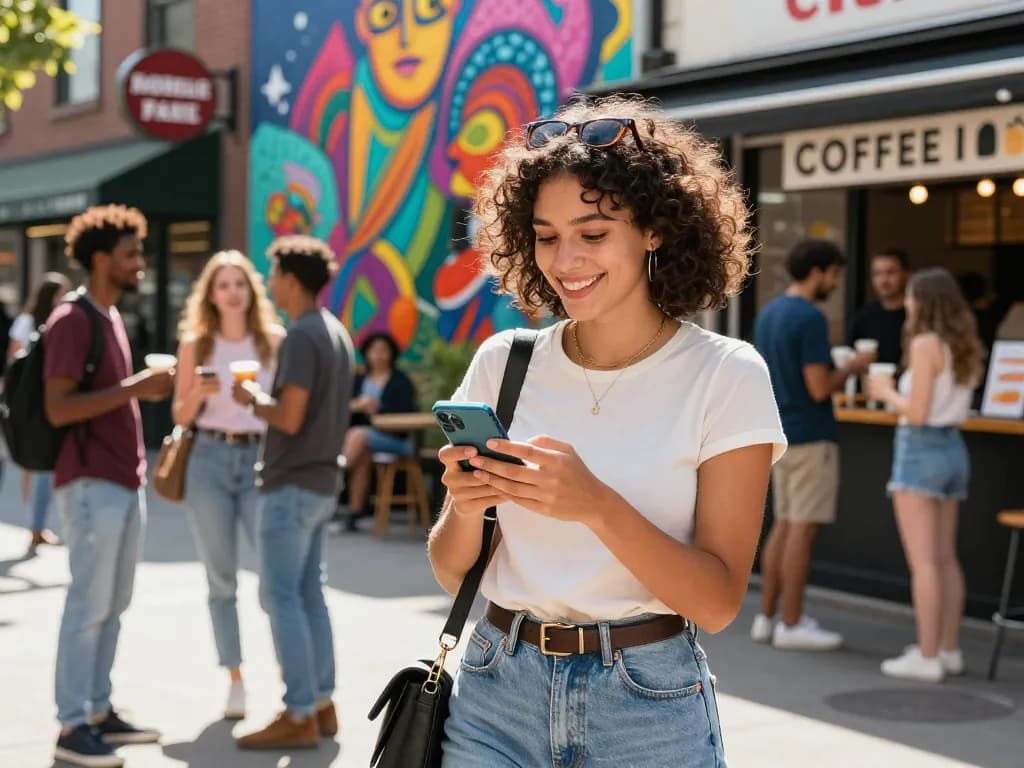 Young woman interacting with her AI slut chatbot in vibrant urban setting, showcasing digital connections and street style.