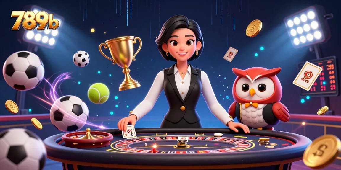 Experience thrilling gaming with 789b featuring a stylish dealer at a baccarat table amidst dynamic sports elements.