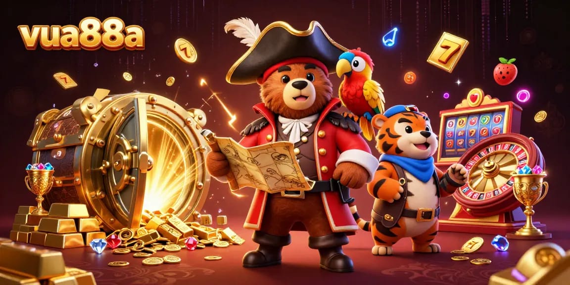 Experience thrilling gameplay with vua88a featuring a pirate captain bear, tiger, and treasure!