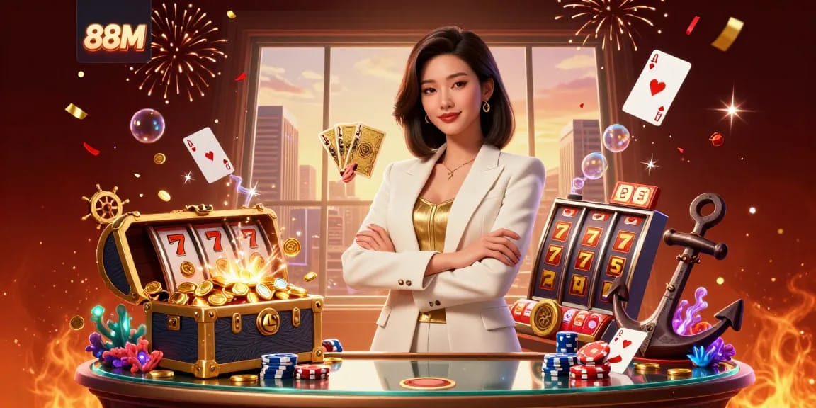 Engage with the thrilling 88M gaming experience through an elegant Asian woman strategizing with poker cards.