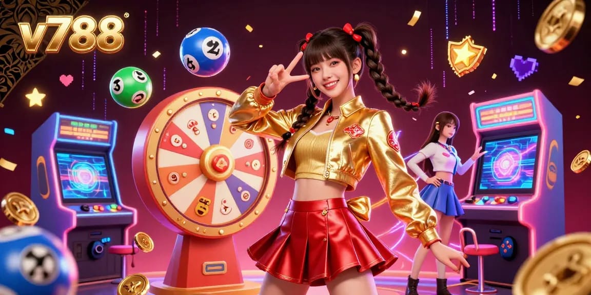 Experience exciting games at v788, featuring vibrant characters and casino elements illustrating a lively gambling atmosphere.