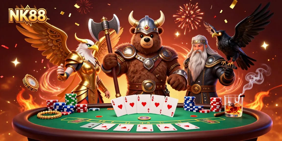 Engage in thrilling poker gameplay with NK88 featuring vivid characters, colorful chips, and festive elements.