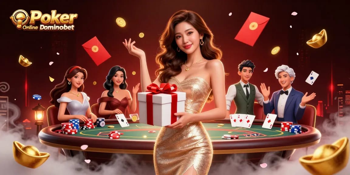 Engage in Poker Online Dominobet with a stunning casino-themed illustration showcasing festive elements.