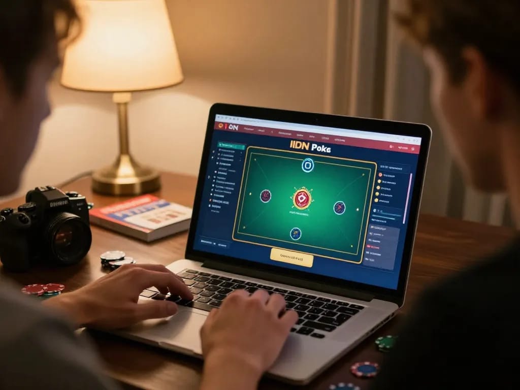 IDN poker dominobet player enjoying online game at home with laptop and gaming interface displayed