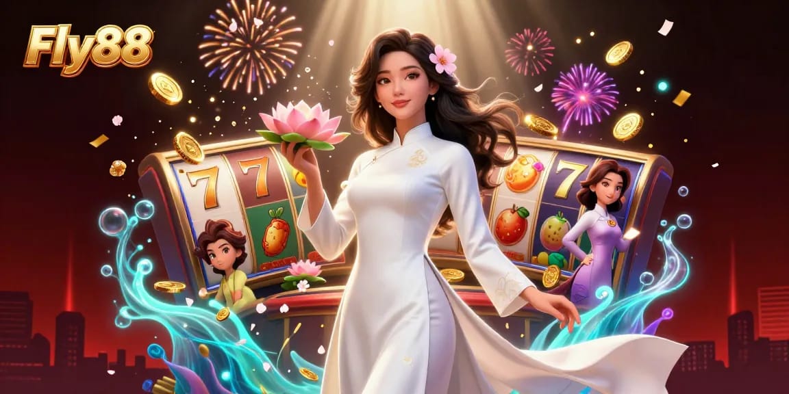 Engage with Fly88's thrilling slot experience featuring an elegant Asian woman and festive gaming elements.