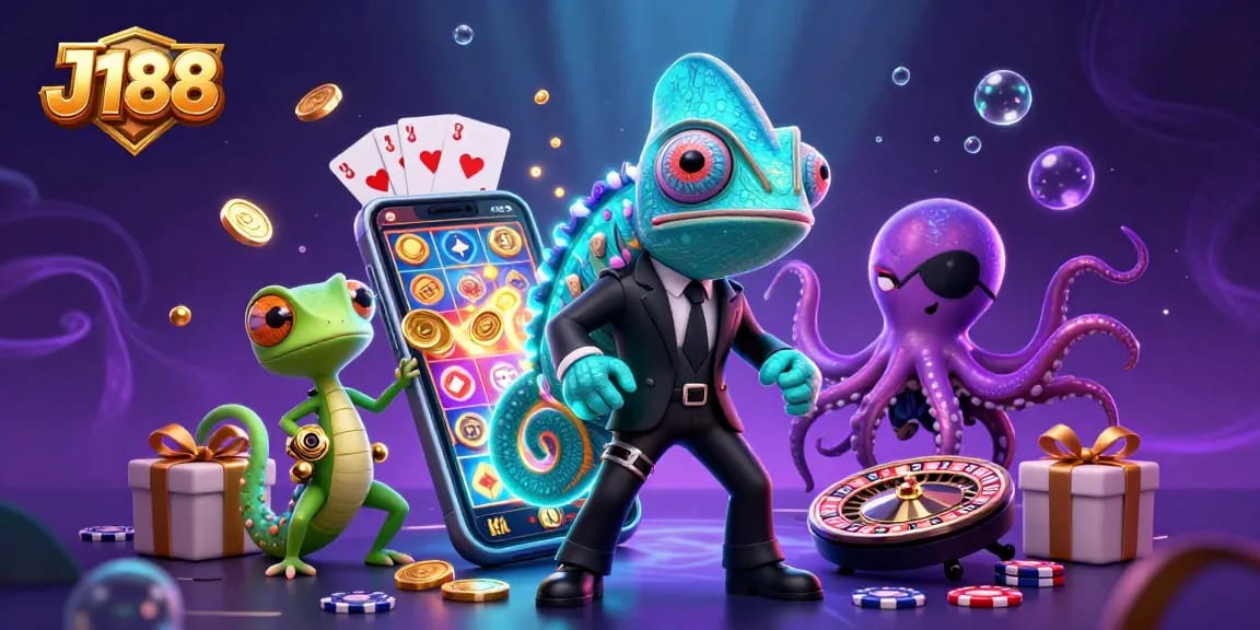 Experience thrilling gaming action at J188 with colorful slot games and dynamic characters in a vibrant casino atmosphere.