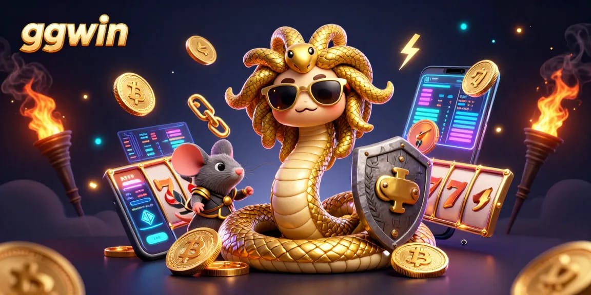 Play and win at ggwin with a captivating 3D illustration featuring a cute Medusa and crypto elements.