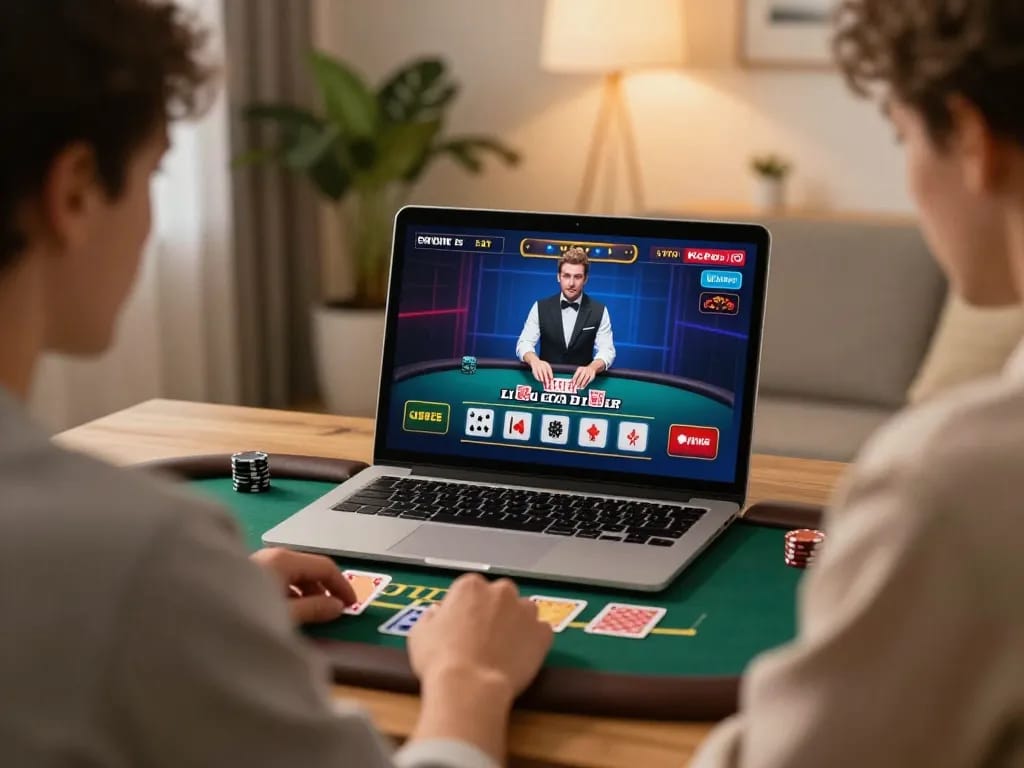 Player enjoying lv88 trang chủ live dealer blackjack game on a laptop in cozy home setting.