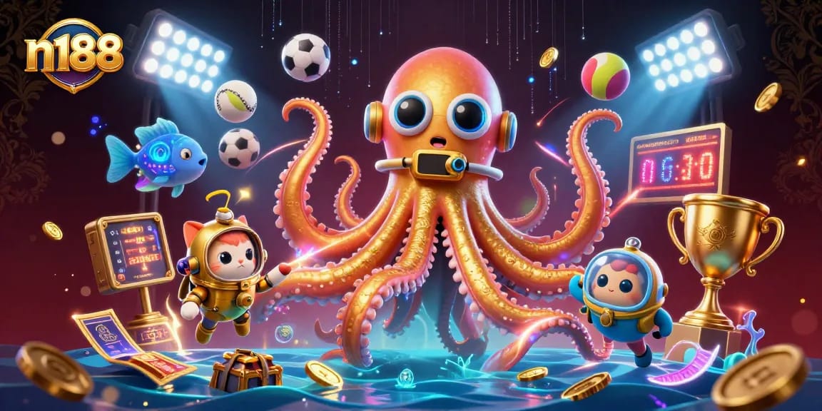 n188's immersive gambling experience with a kraken, diving cat, and sports elements.