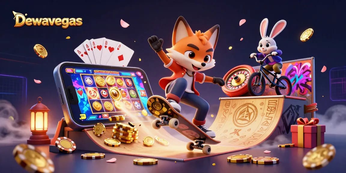 Dewavegas captivates with a thrilling scene of a skateboarder fox and BMX rabbit, showcasing dynamic casino gaming elements.