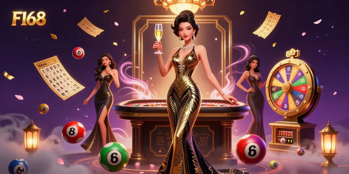 Experience thrilling gambling with F168's vibrant casino scene, showcasing dynamic lottery elements and lavish imagery.