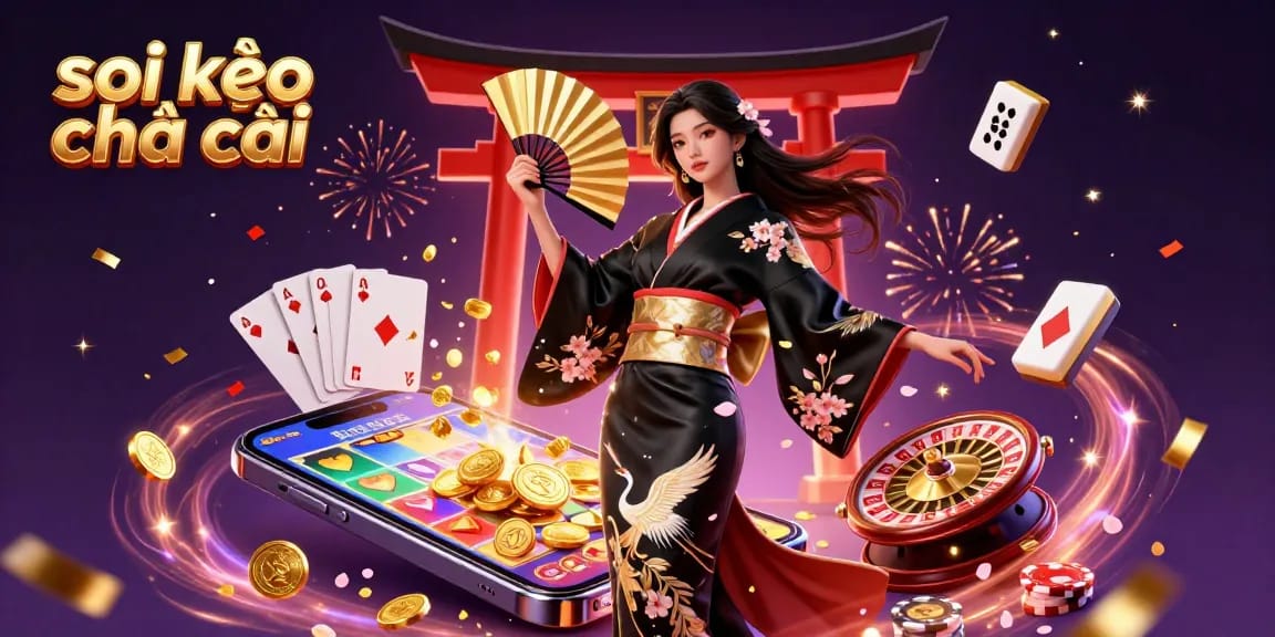 Soi kèo nhà cái visualizing expert sports betting insights with elegant Asian woman and vibrant casino elements.