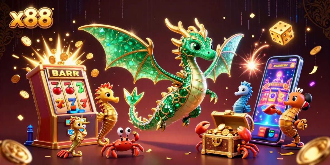 x88 captures the thrill of winning on a vibrant casino adventure with a dragon, treasure, and games.
