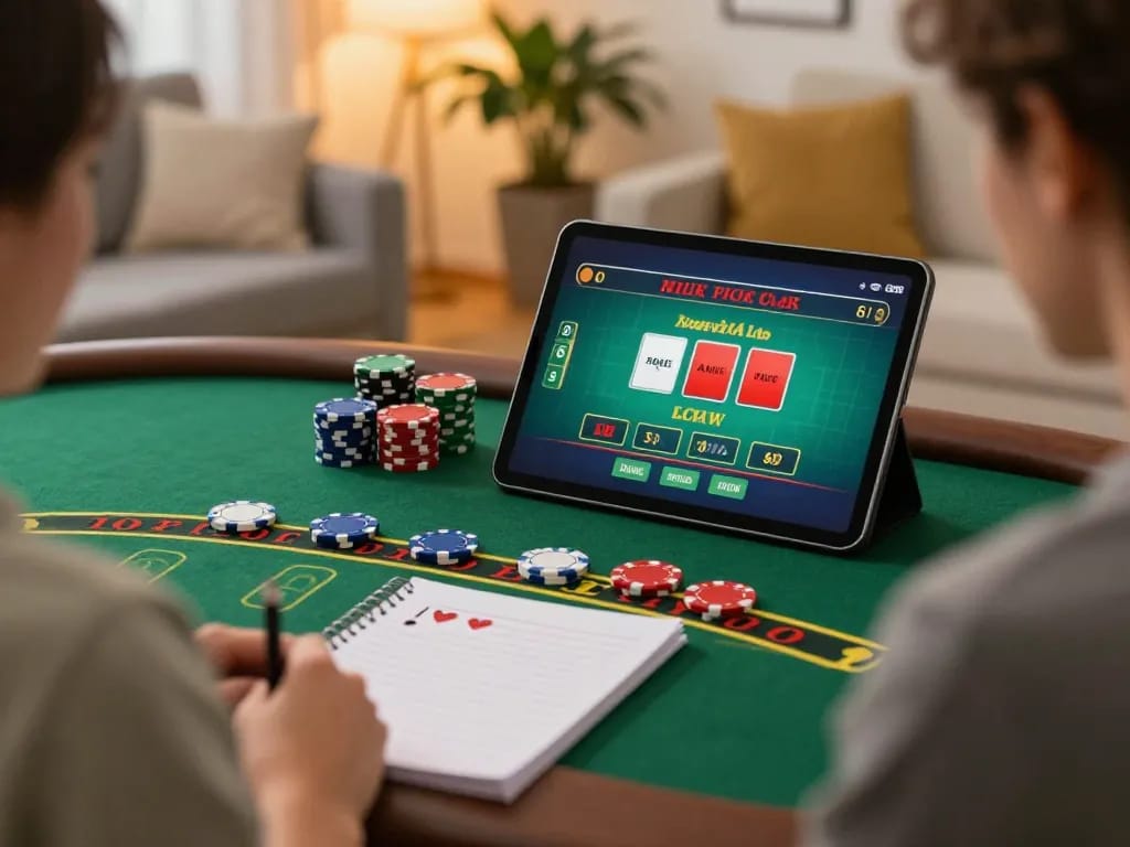 Playing link resmi live casino vegas88 on a tablet with live dealer in a cozy home environment.