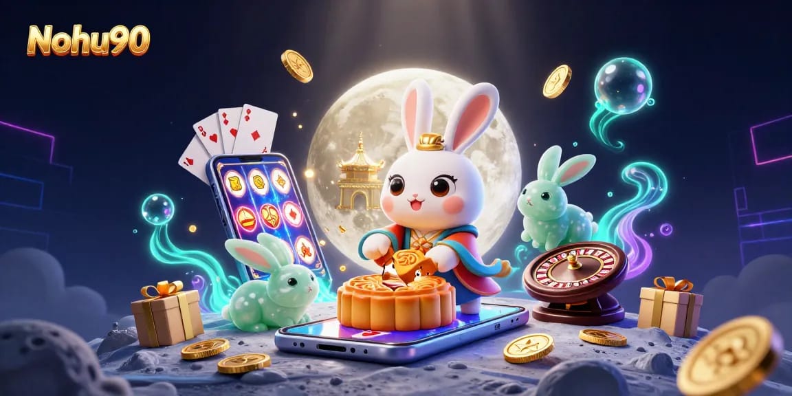 Nohu90 players enjoy a vibrant 3D casino scene with moon rabbits unveiling poker chips amidst glowing slot games