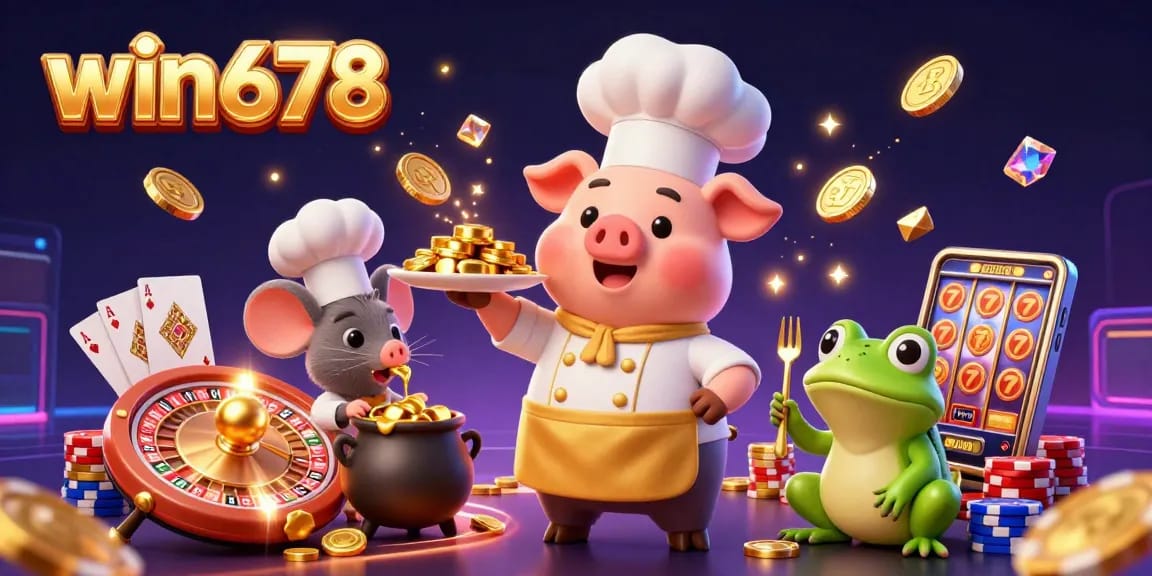 win678 invites players to win big with an extravagant casino scene featuring a chef pig, mouse, and frog.