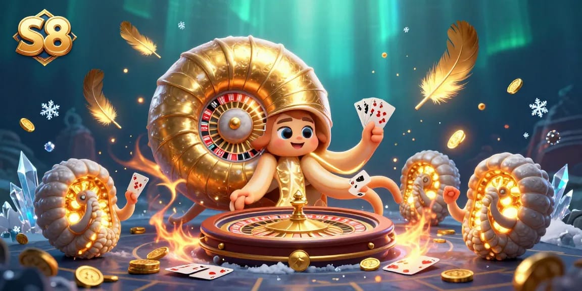 S8 offers thrilling live gaming experiences with a giant nautilus roulette character in a vibrant casino scene.
