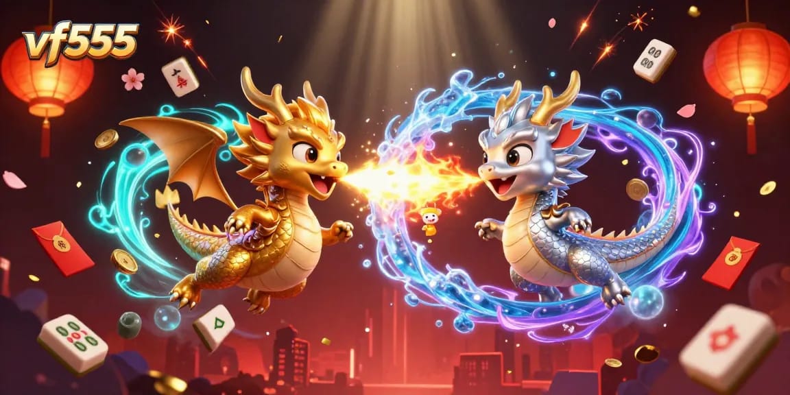 Experience the thrill of vf555 with dynamic 3D dragons and vibrant casino-themed elements.