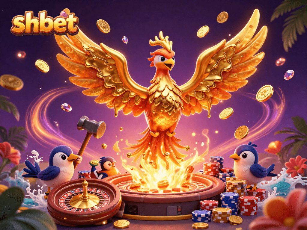 Experience thrilling action with shbet in a vibrant 3D casino illustration featuring gold coins and animated games.