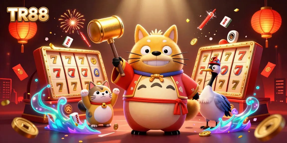 Experience gaming thrills at TR88 with vibrant slot reels and cheerful characters celebrating luck.