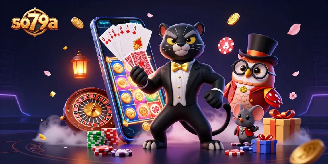 so79a captivates players with a stylish cartoon scene featuring poker chips and vibrant slot games.
