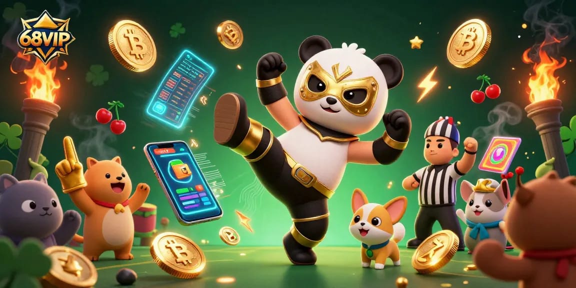 Experience thrilling gaming with 68VIP, where a panda wrestler battles amidst crypto coins and slot reels.