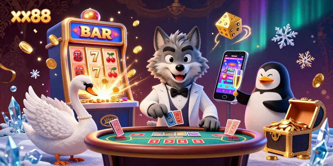 Experience excitement at xx88 with an elegant wolf, swan, and penguin in a vibrant casino scene.