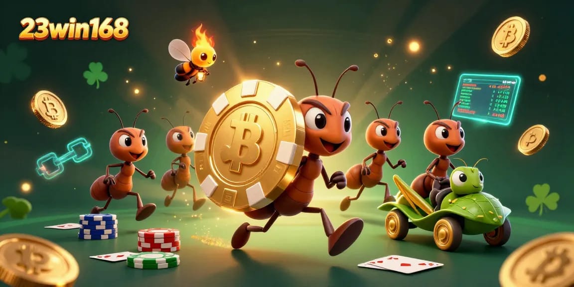 Experience the thrilling heist at 23win168 as ants carry a giant poker chip through a vibrant casino tunnel scene.