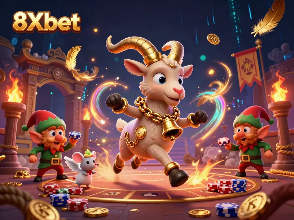 Experience thrilling gameplay at 8Xbet with lively characters in a vibrant casino atmosphere.