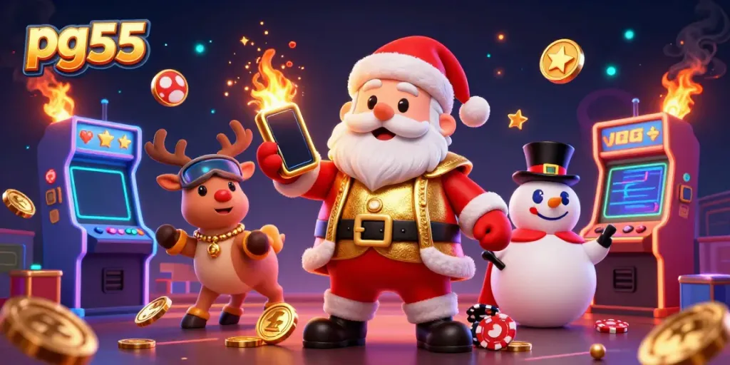 Experience vibrant gaming at pg55 with Santa, a reindeer dealer, and a poker chip snowman.