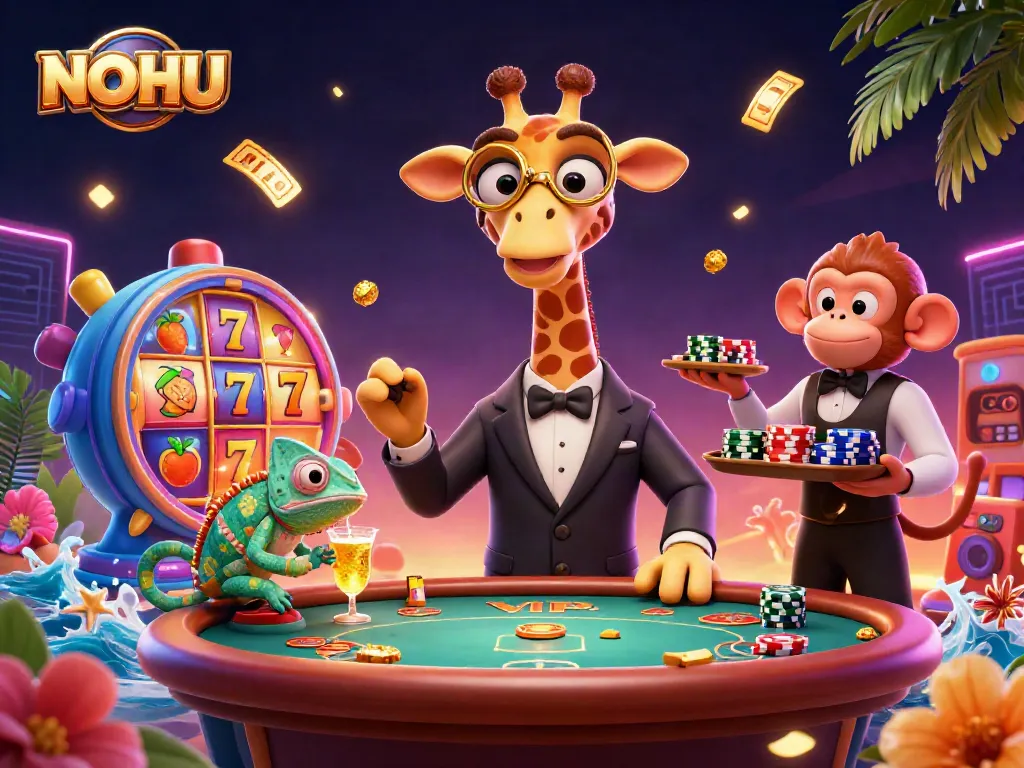 Experience the thrill of NOHU with vibrant 3D casino elements and lively characters interacting.