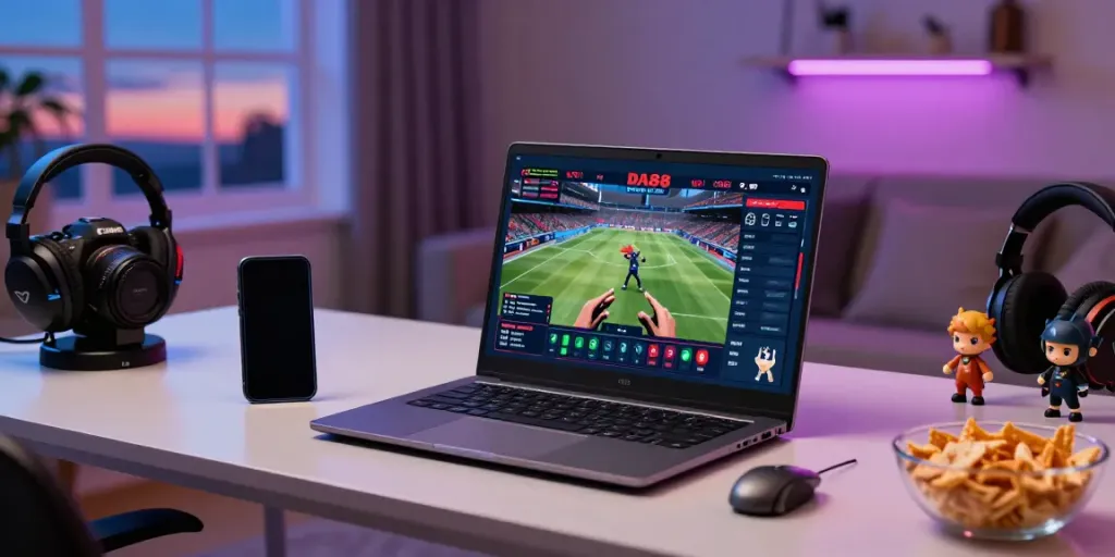 Engaged user exploring DA88 platform on laptop in cozy gaming space