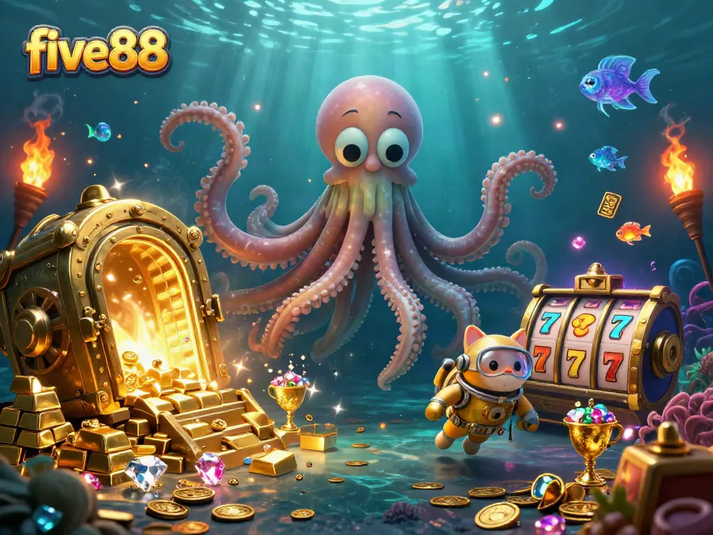 Engage in thrilling casino activities with the five88 themed illustration, showcasing a kraken, diving cat, and treasure.