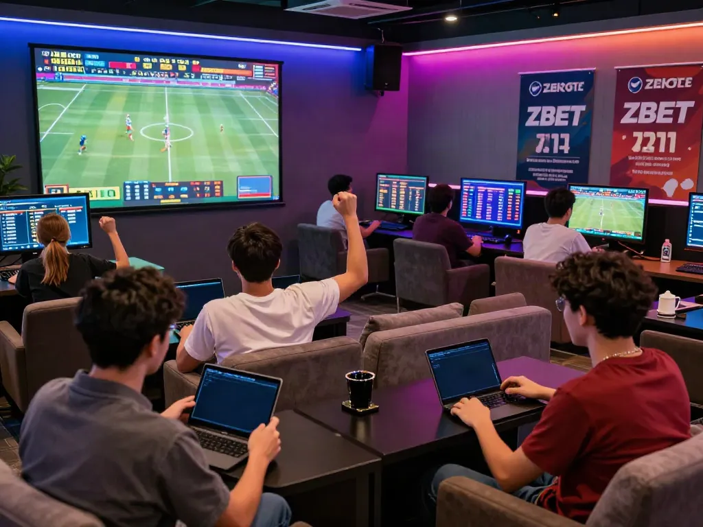 ZBET online sports betting gathering with excited players engaging in live events.