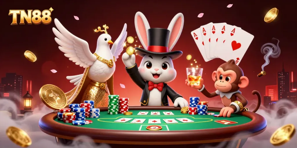Experience TN88 with a whimsical magician pulling coins, enhancing the thrill of online gambling.