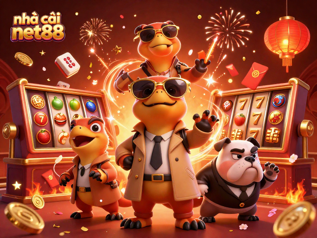 Experience casino thrills with nhà cái net88 in a vibrant 3D scene of raptors and gaming elements.