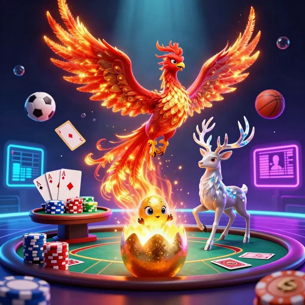 Fire phoenix, baby phoenix, and crystal stag amid neon poker chips and casino lights.