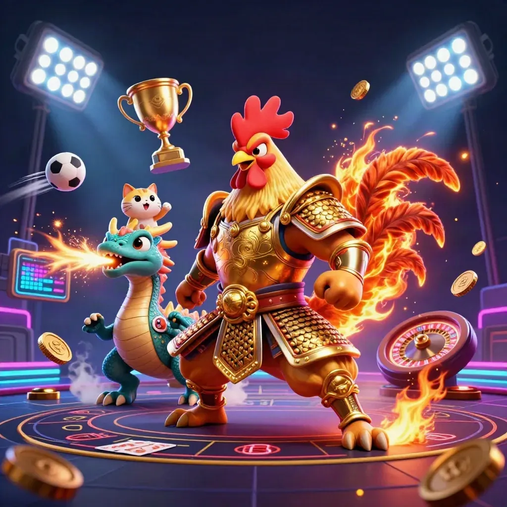 Rooster warrior, dragon hatchling, and fortune-cat amid casino sports effects and neon light.