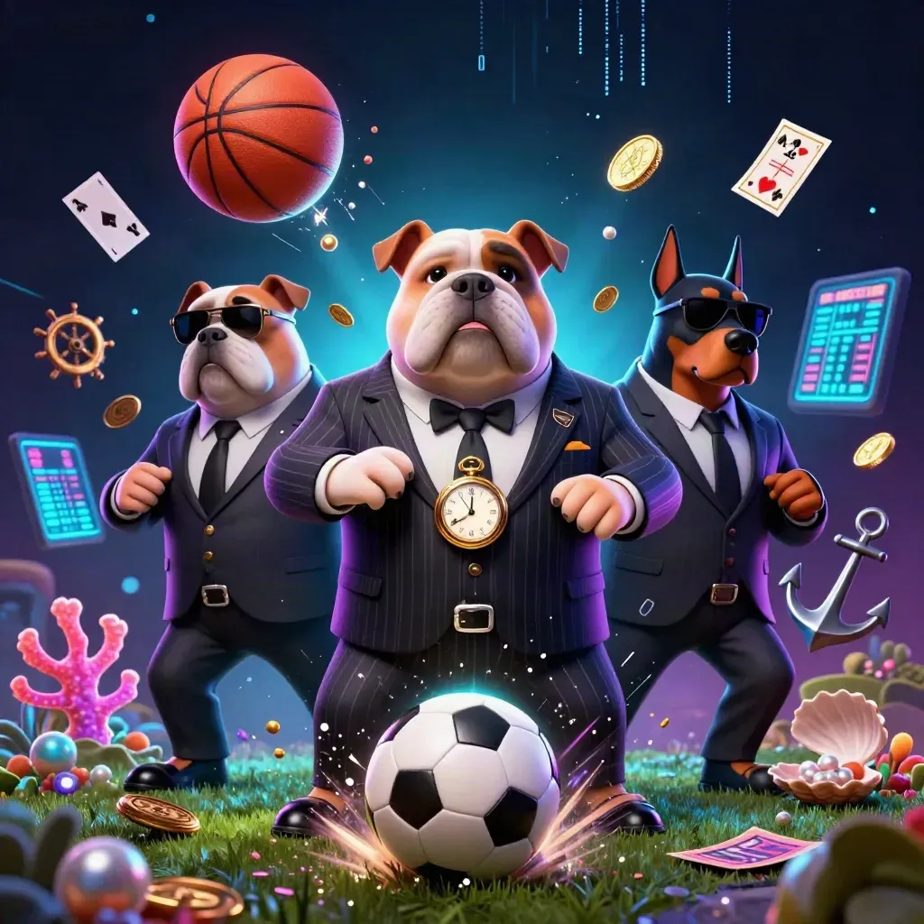Bulldog mob boss and Dobermans amid coins, coral, balls, spray, and neon energy