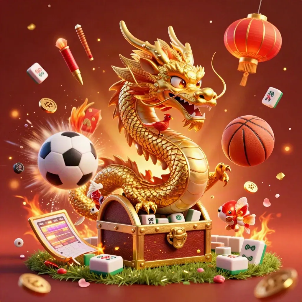 Golden dragon with phoenix and koi amid flying balls, coins, lanterns, and ember glow.