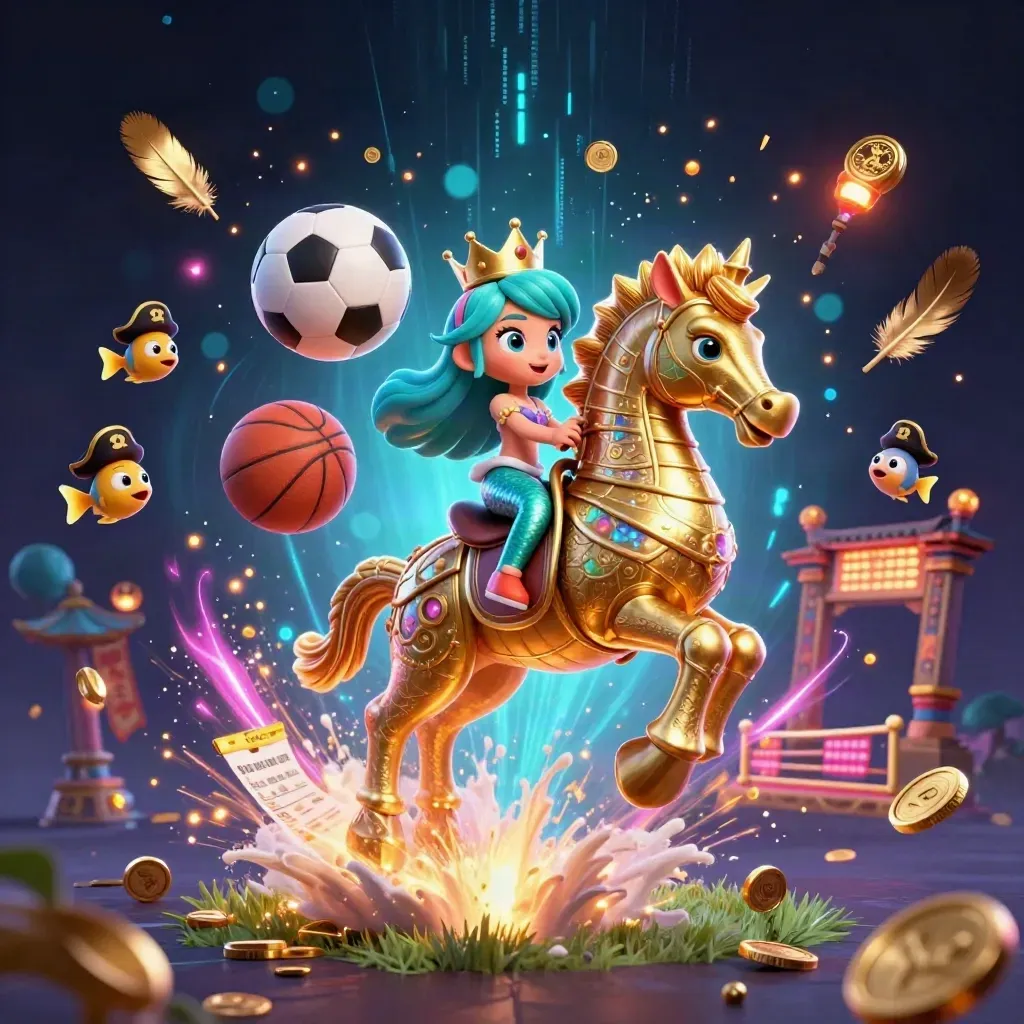 Mermaid princess on an armored seahorse, with pirate fish, coins, neon sparks, and sports props.