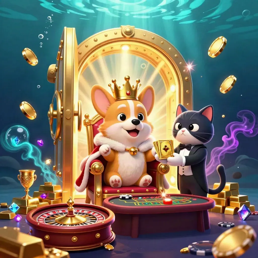 Royal corgi and cat butler in a glowing underwater casino vault with gold bars and neon beams