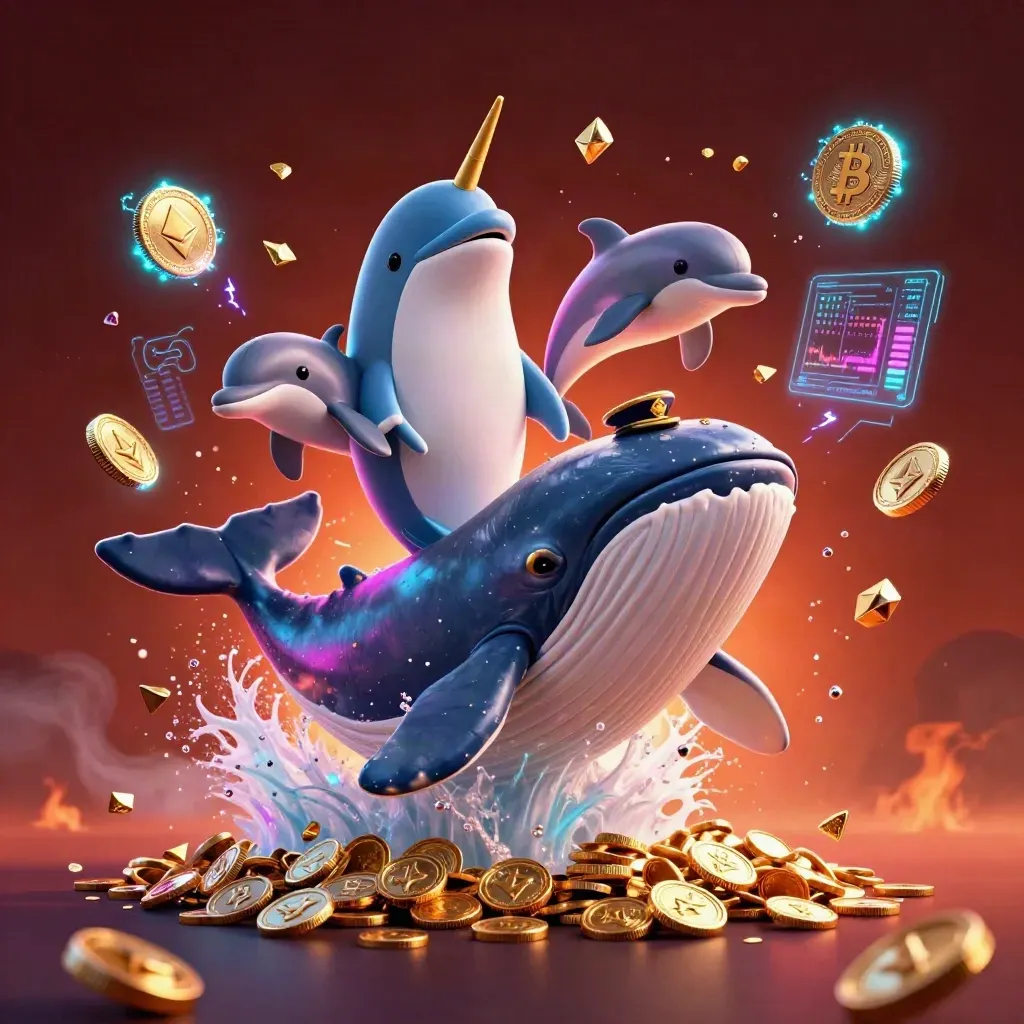 Whale captain, narwhal, and dolphins burst through coins with neon crypto effects.