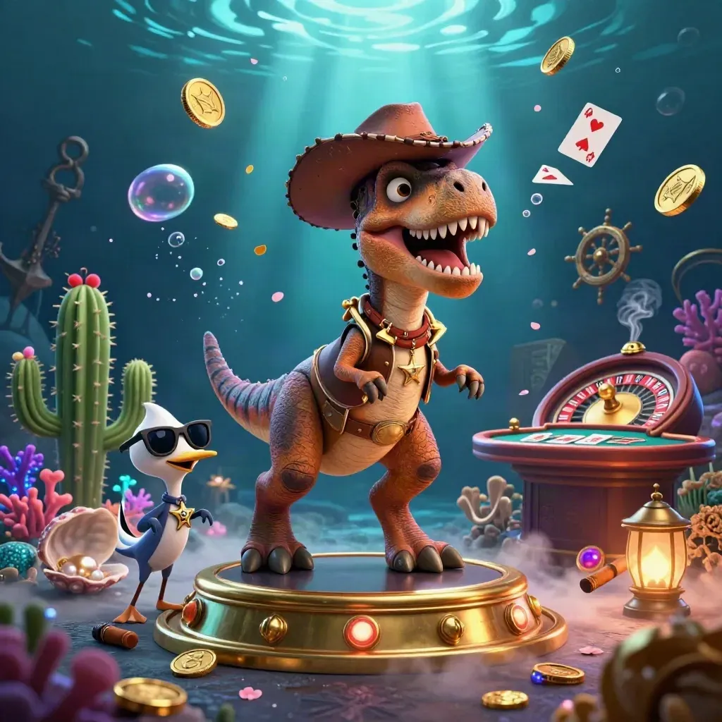 Cowboy T-Rex, cactus sidekick, and roadrunner in a neon underwater casino treasure scene.